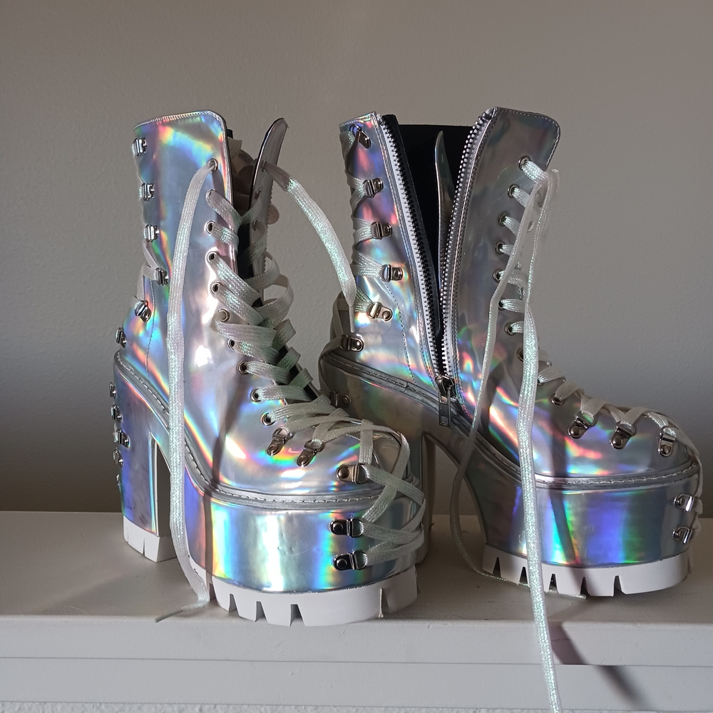 Holographic Lace-Up Platform Boots